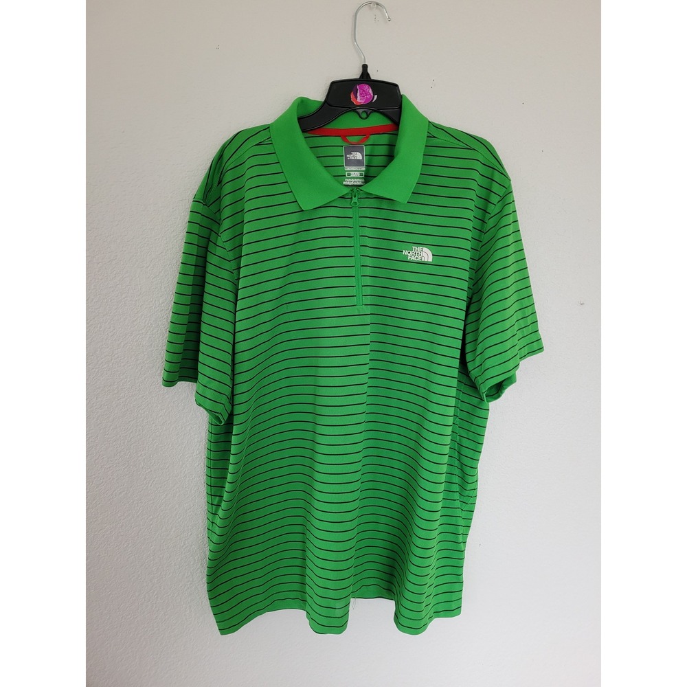 The North Face Mens XL Golf Polo Shirt Green Black Stripe Zip Short Sleeve‎ #1